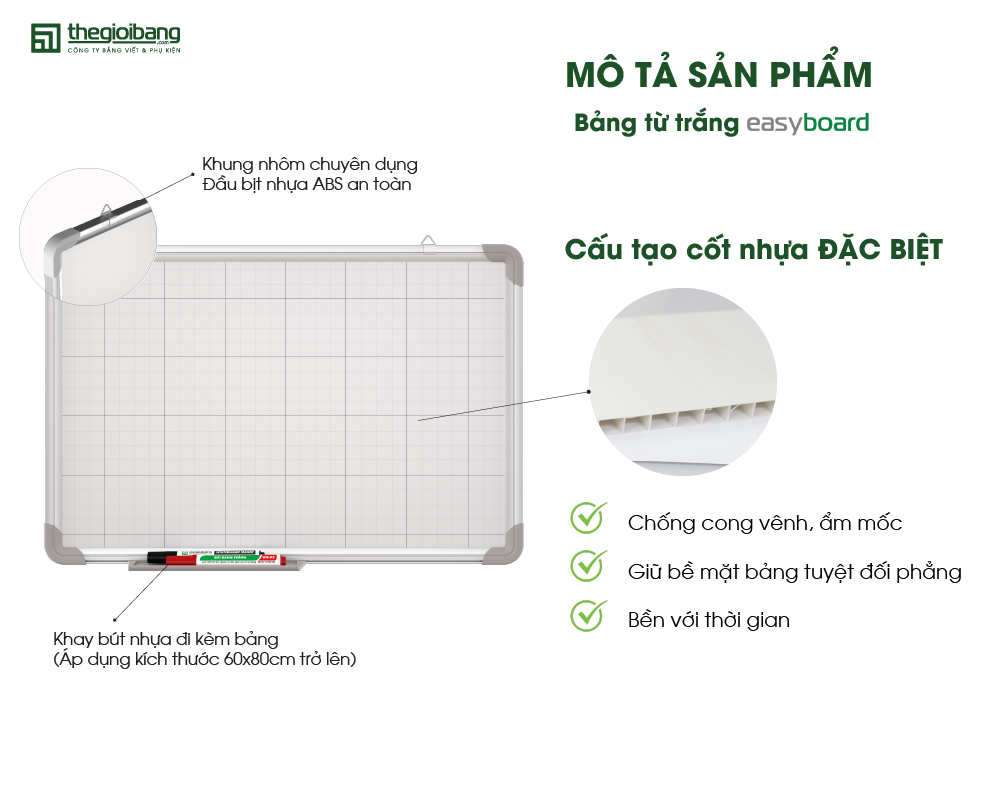 Mô tả sản phẩm bảng từ trắng Easyboard - Kết cấu bền vững